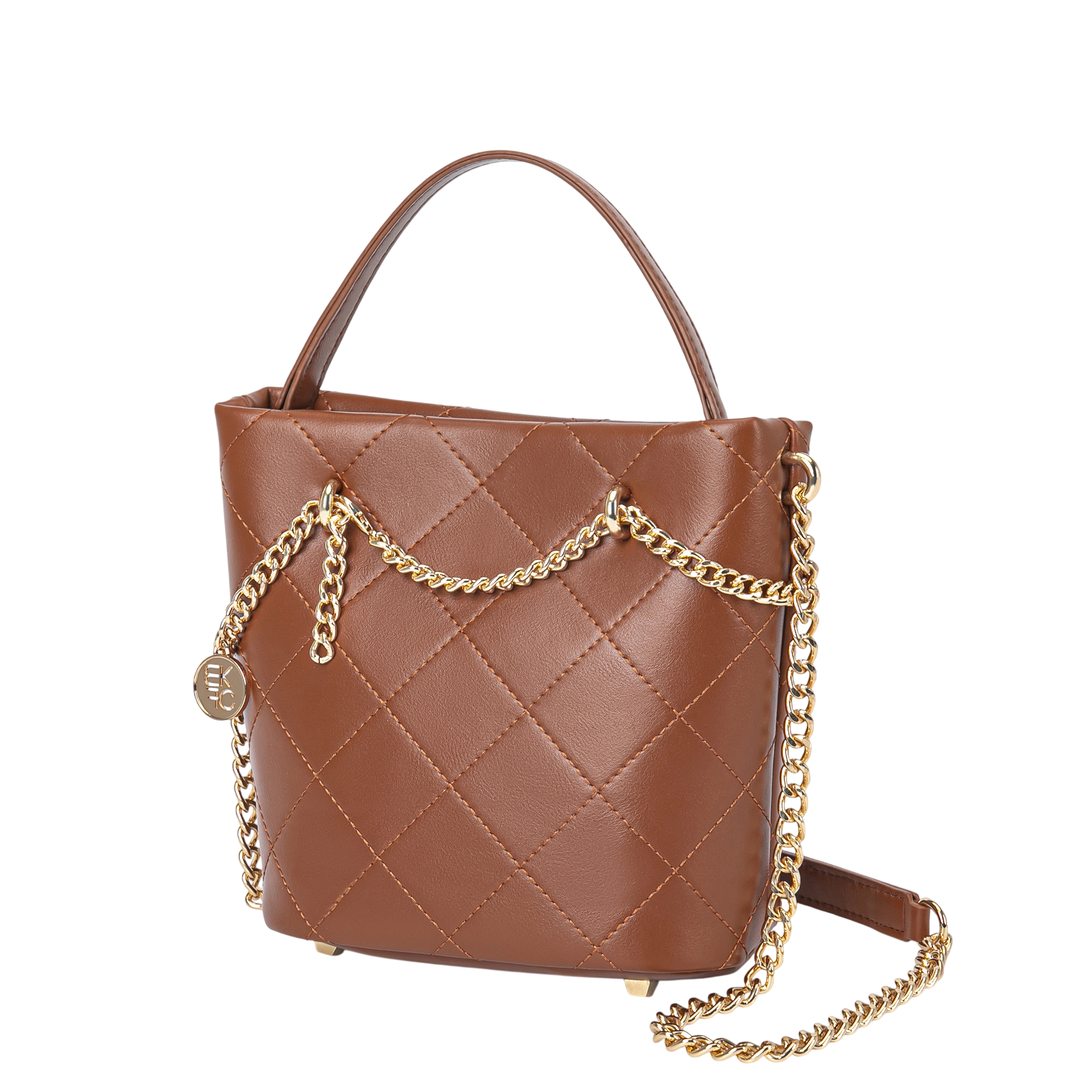 Brown quilted handbag with a top handle and gold chain strap, featuring a small round charm.
