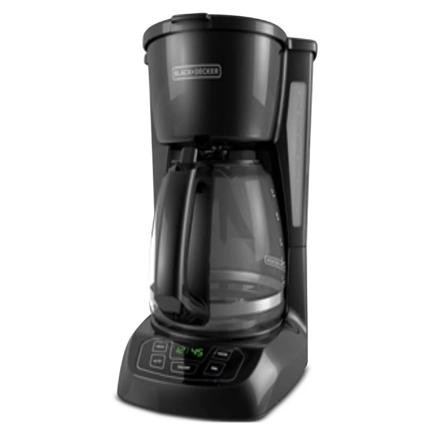 A Black & Decker coffee maker with a digital display, push-button controls, and a glass carafe sitting on a warming plate.