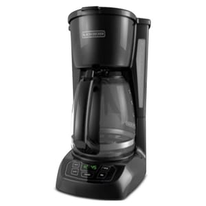 A Black & Decker coffee maker with a digital display, push-button controls, and a glass carafe sitting on a warming plate.
