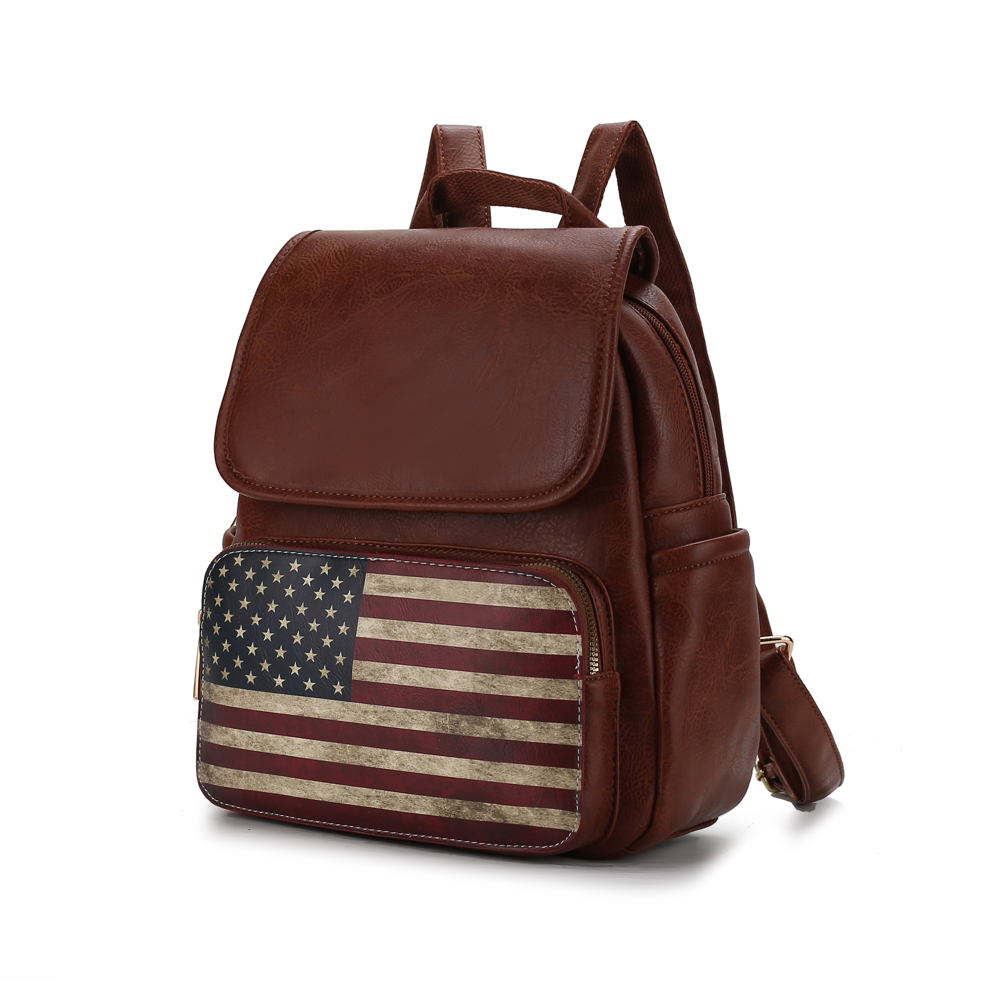 A brown leather backpack featuring a front pocket with an American flag design.