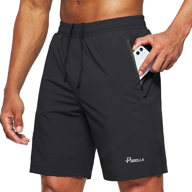Black men's workout shorts featuring an elastic waistband with a drawstring, zipper pockets, and a small logo \“Pudolla\“ on the left leg.