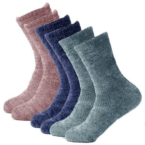 A set of three pairs of soft, fuzzy socks in rose, navy, and teal colors.