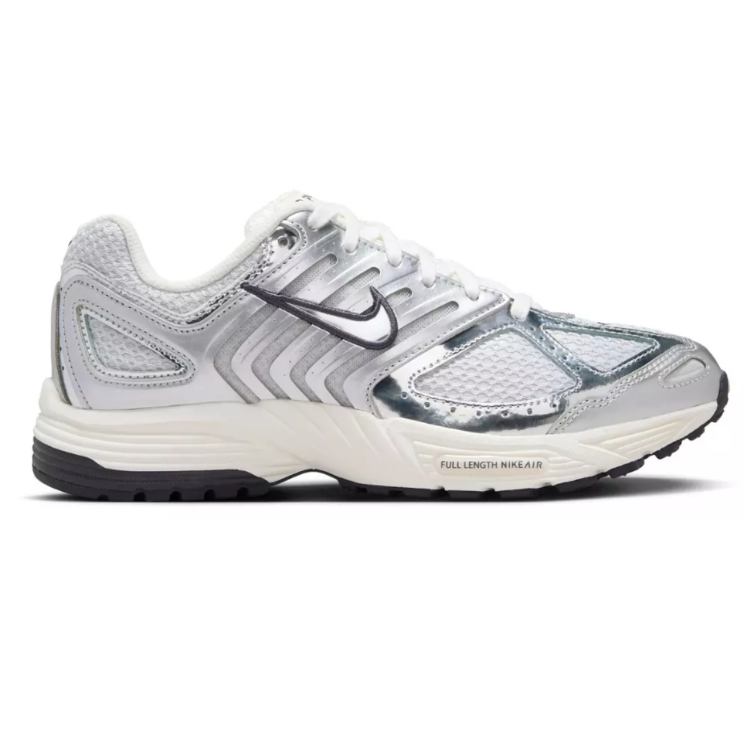 Nike P-6000 sneaker with a metallic silver and white design, featuring a mesh upper, synthetic overlays, and full-length Nike Air cushioning.