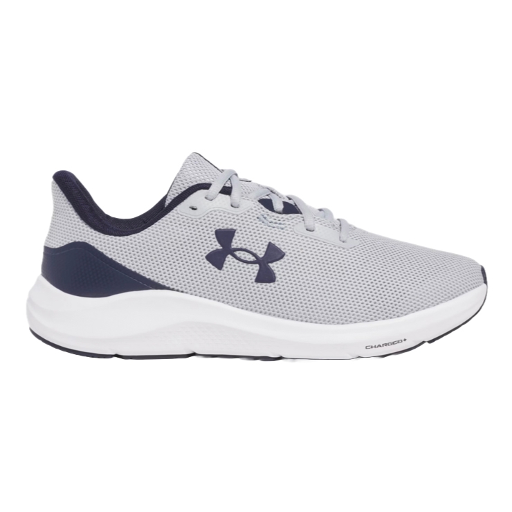 A gray and navy Under Armour athletic shoe with a breathable mesh upper, lace-up design, and a white cushioned sole.