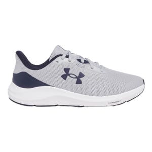 A gray and navy Under Armour athletic shoe with a breathable mesh upper, lace-up design, and a white cushioned sole.