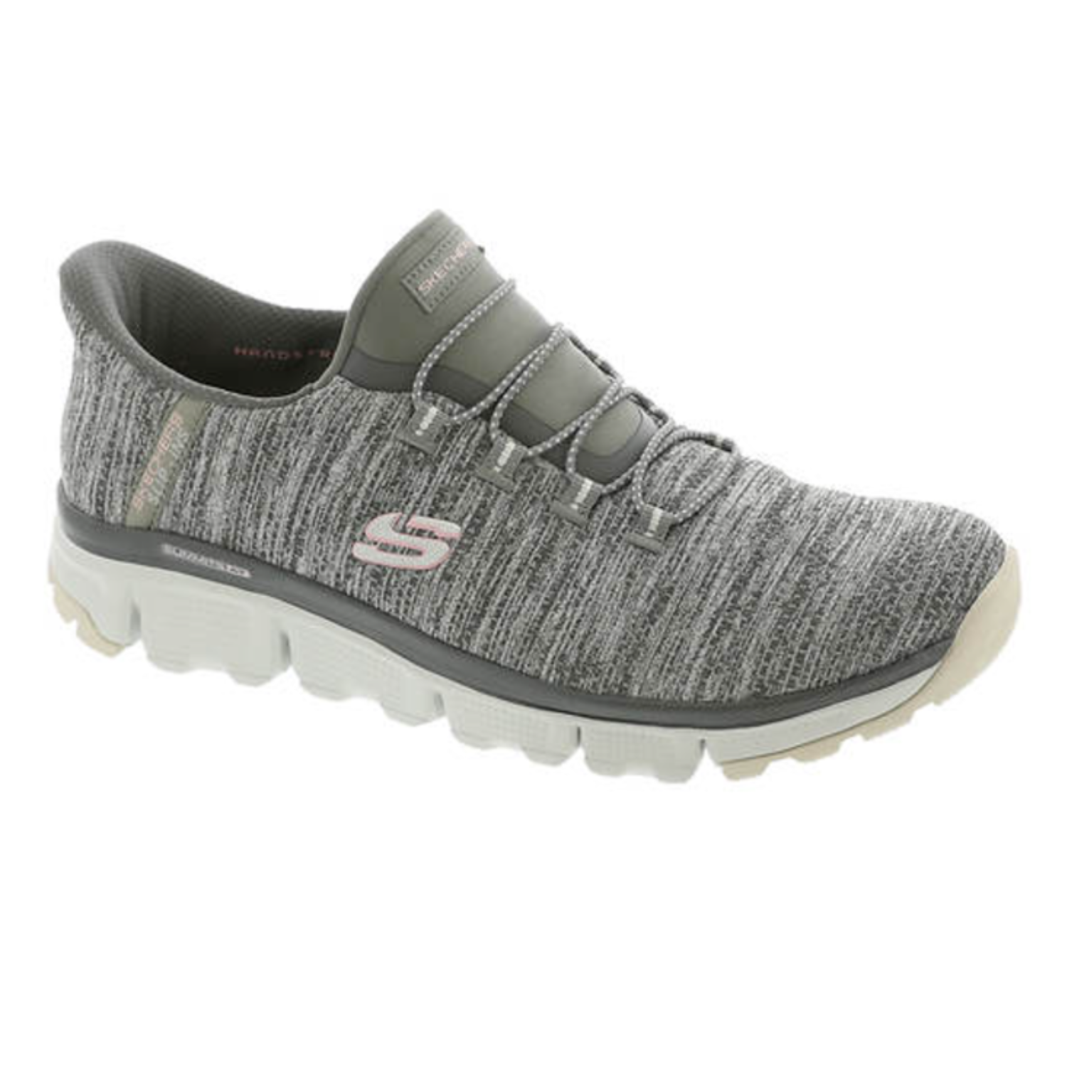 Skechers Sport Slip-Ons feature a grey knit fabric upper with elastic bungee laces for easy wear, a cushioned collar, and a thick white sole with textured grip.