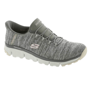 Skechers Sport Slip-Ons feature a grey knit fabric upper with elastic bungee laces for easy wear, a cushioned collar, and a thick white sole with textured grip.