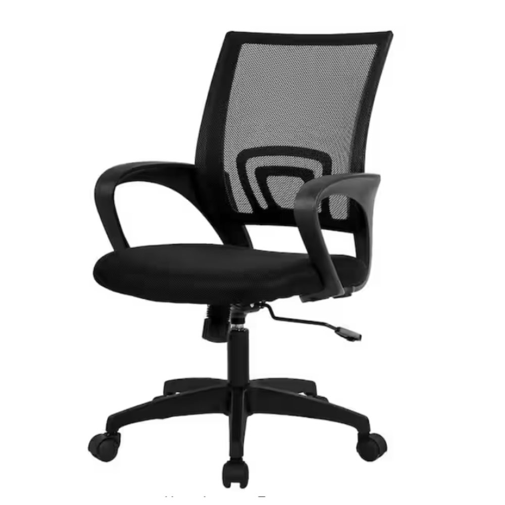 Black mesh office chair with armrests, adjustable height, and a swivel base on caster wheels.