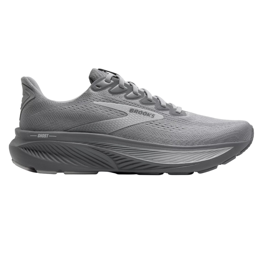 Gray Brooks Ghost running shoe featuring a mesh upper, cushioned sole, and lace-up closure.