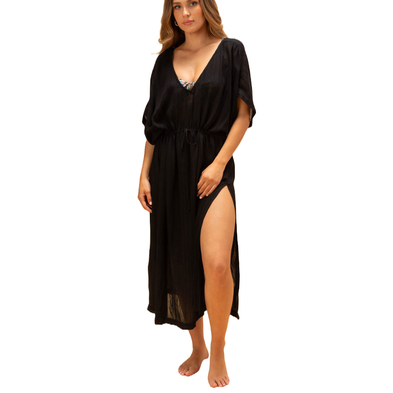 Black Billabong cover-up midi dress featuring a deep V-neck, short sleeves, and a high leg slit, with an adjustable drawstring waist for a relaxed fit.