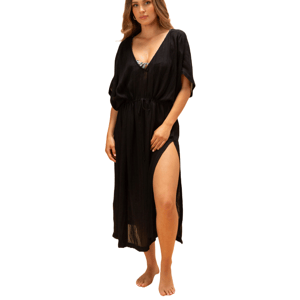 Black Billabong cover-up midi dress featuring a deep V-neck, short sleeves, and a high leg slit, with an adjustable drawstring waist for a relaxed fit.