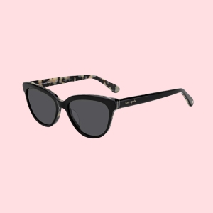 Black cat-eye sunglasses with dark lenses and patterned arms, featuring the Kate Spade logo on the side.