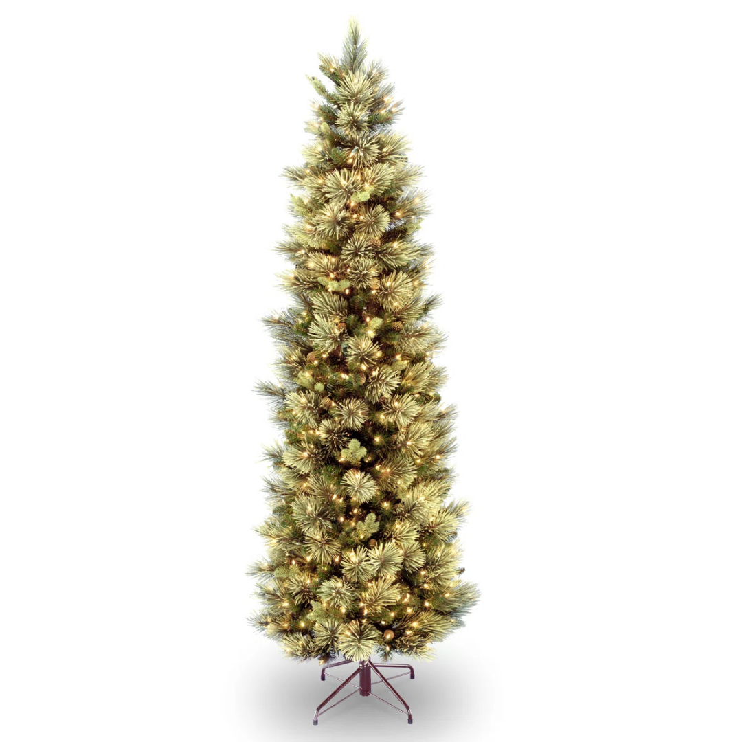 A tall, slim artificial Christmas tree with a green-white color scheme and clear lights. It stands on a metal stand.