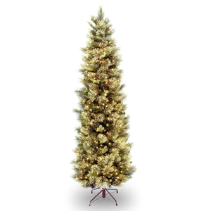 A tall, slim artificial Christmas tree with a green-white color scheme and clear lights. It stands on a metal stand.