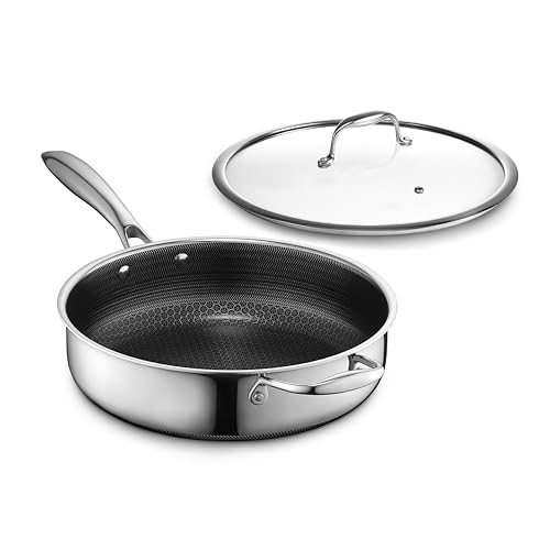 Stainless steel frying pan with a honeycomb-patterned nonstick interior and a matching glass lid.