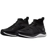 A pair of black athletic sneakers with a white sole, featuring a knitted upper design and lace-up closure.