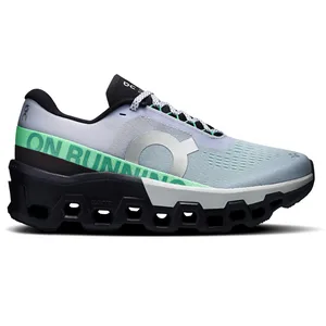Running shoe with a grey and mint green upper, prominent side logo, black sole, and unique cushioning design.