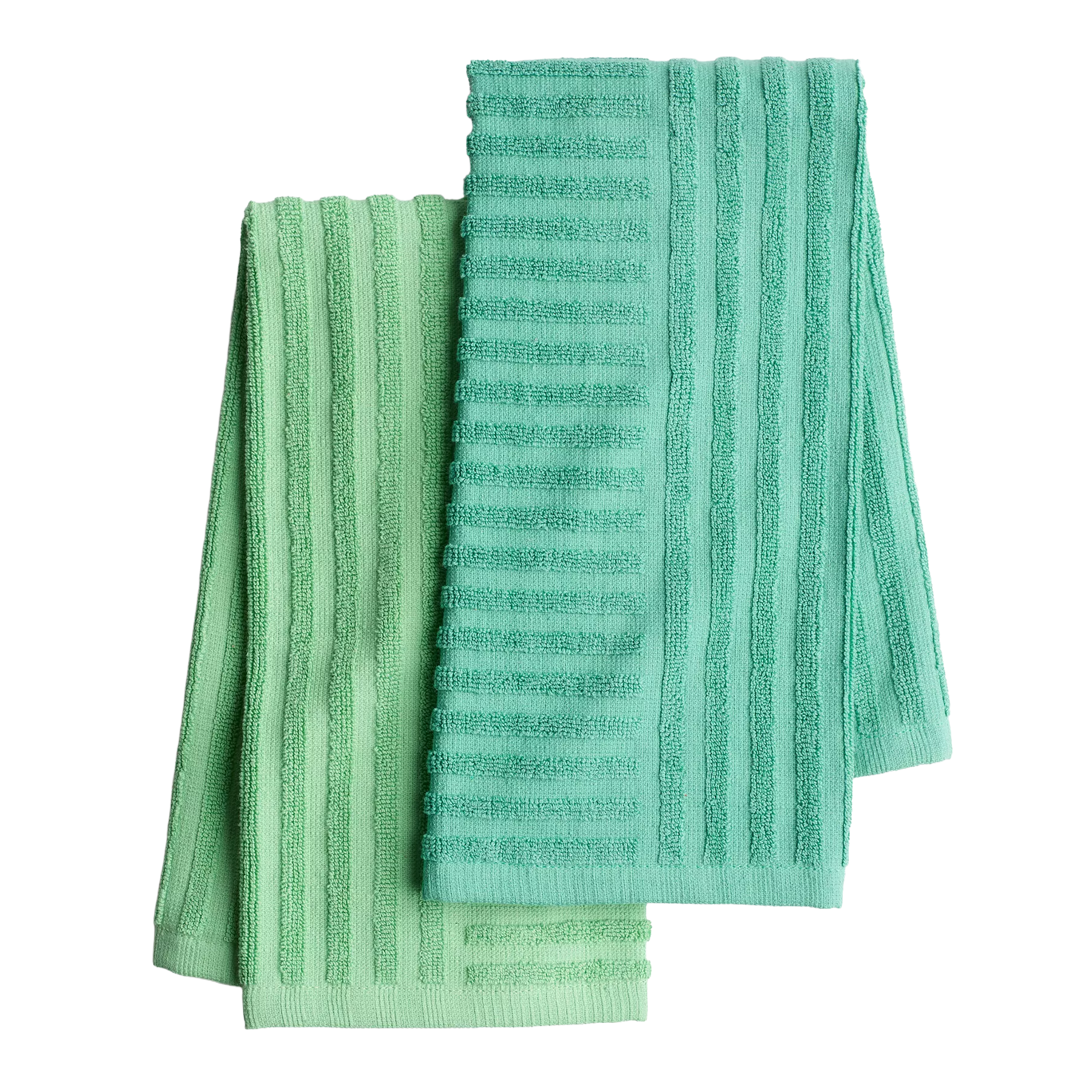 Two striped, textured towels in shades of green are shown, featuring a vertical pattern.