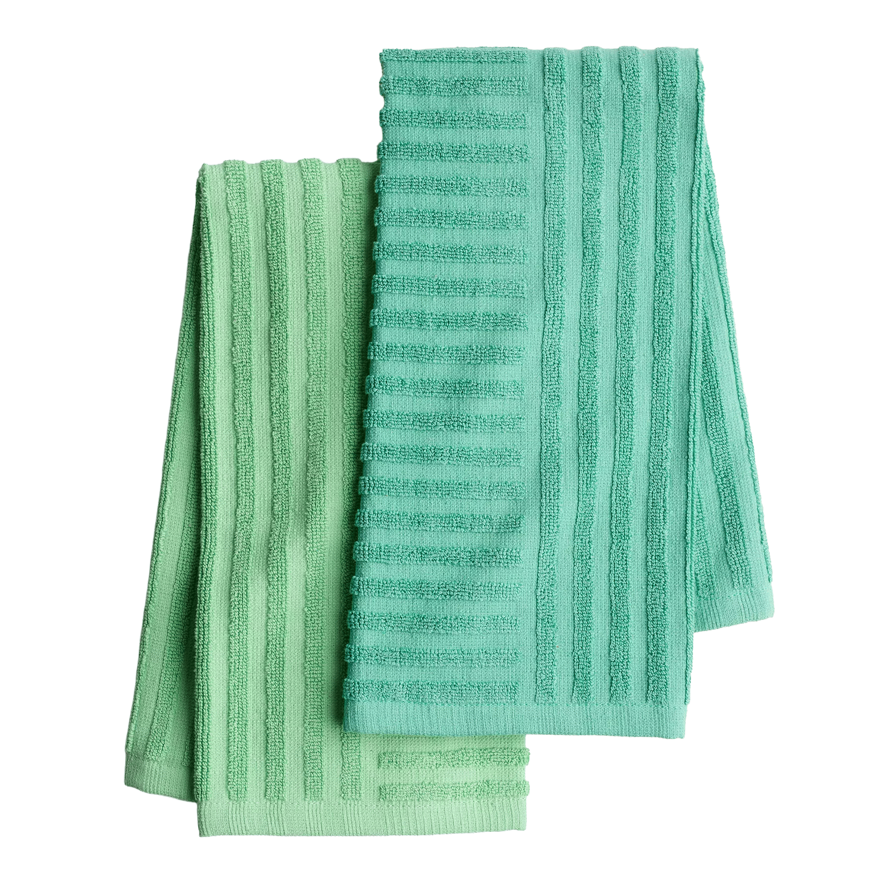 Two striped, textured towels in shades of green are shown, featuring a vertical pattern.