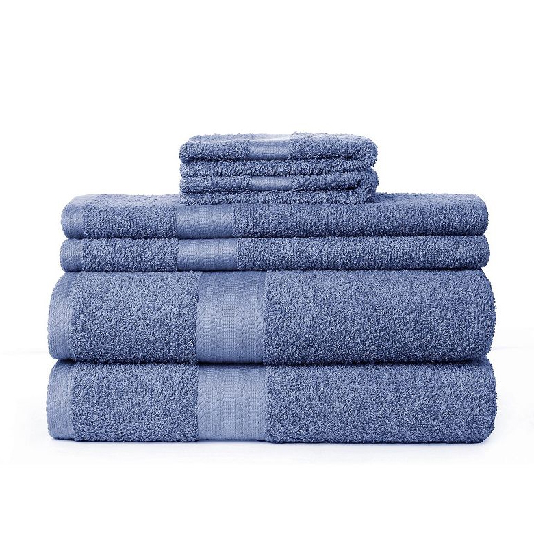 A set of neatly stacked blue towels in varying sizes.