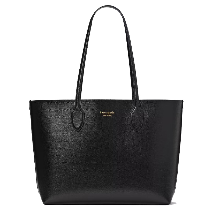 A black Kate Spade New York tote bag with a minimalist design and two shoulder straps, featuring the brand logo in gold.