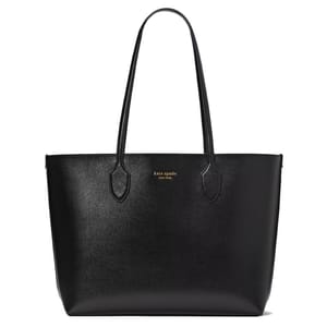 A black Kate Spade New York tote bag with a minimalist design and two shoulder straps, featuring the brand logo in gold.
