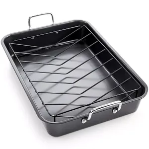 Roasting pan with a metal rack, featuring handles for easy lifting.