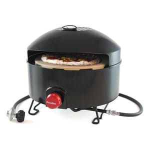 The PizzaQue Outdoor Pizza Oven is a portable, black, propane-powered pizza oven with a round design and a front opening, suitable for outdoor use. It includes a thermometer on top and a pizza stone inside.