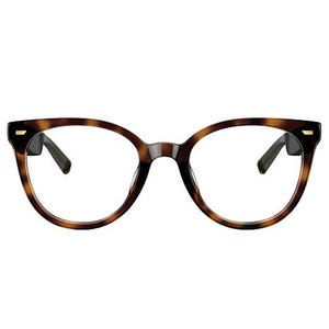 Tortoiseshell cat-eye glasses with a subtle gold accent on the corners, featuring round lenses and dark arms.