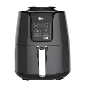 Ninja brand air fryer with digital control panel displaying cooking functions such as air fry, roast, reheat, and dehydrate.