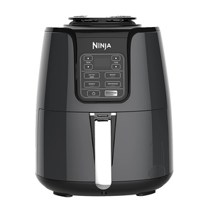 Ninja brand air fryer with digital control panel displaying cooking functions such as air fry, roast, reheat, and dehydrate.