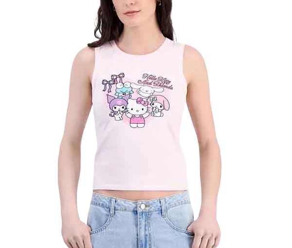 A woman wears a sleeveless pink crop top featuring Hello Kitty and other Sanrio characters above light blue jeans.