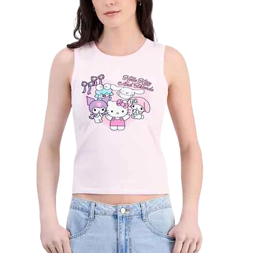 A woman wears a sleeveless pink crop top featuring Hello Kitty and other Sanrio characters above light blue jeans.