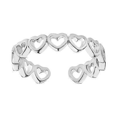 Sterling silver toe ring featuring a series of connected open hearts with a polished finish.