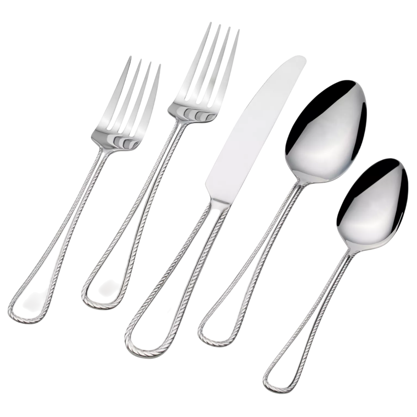 A five-piece set of silverware featuring a dinner fork, salad fork, knife, tablespoon, and teaspoon, all with a decorative rope-like border on the handles.