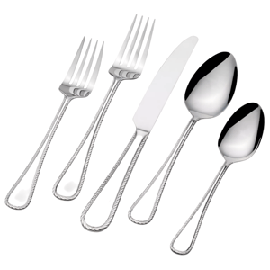 A five-piece set of silverware featuring a dinner fork, salad fork, knife, tablespoon, and teaspoon, all with a decorative rope-like border on the handles.