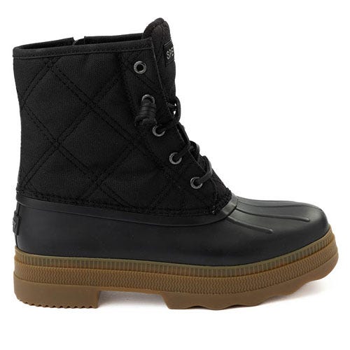 Black quilted duck boot with a rubber sole and lace-up design, featuring a brown treaded sole for added traction.
