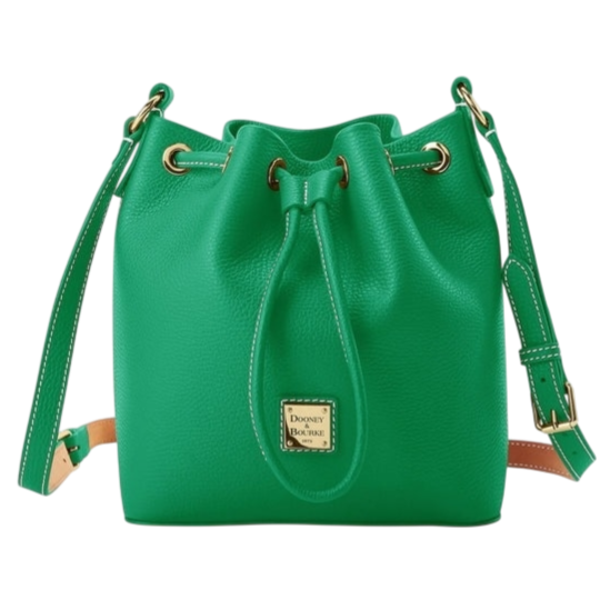 Green drawstring bucket bag with an adjustable shoulder strap and gold-tone hardware. Features a Dooney & Bourke label on the front.