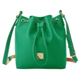 Green drawstring bucket bag with an adjustable shoulder strap and gold-tone hardware. Features a Dooney & Bourke label on the front.