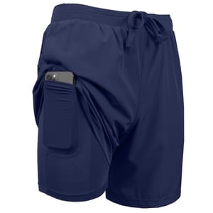 Dark blue athletic shorts with a drawstring waistband and a side pocket holding a smartphone.