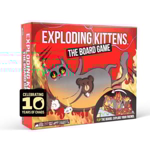 Exploding Kittens: The Board Game, celebrating 10 years, is a party game for ages 7 and up, designed for 2-5 players.