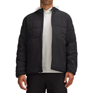 Lululemon Men's Insulated Jacket is a black, quilted design with long sleeves and a zipper closure. It's worn over a light-colored hoodie, offering a casual and sporty look.