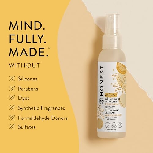 Honest Co. Conditioning Detangler is a hair care product free from silicones, parabens, dyes, synthetic fragrances, formaldehyde donors, and sulfates, as indicated on the label.