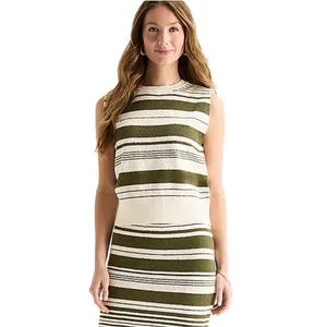 Sleeveless dress with horizontal green and white stripes, featuring a fitted silhouette and high neckline.