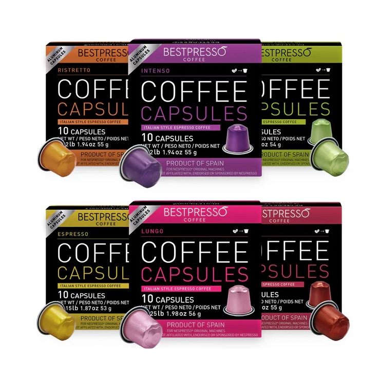 Four varieties of Bestpresso Coffee capsules, labeled Ristretto, Intenso, Espresso, and Lungo, each with 10 capsules per box.