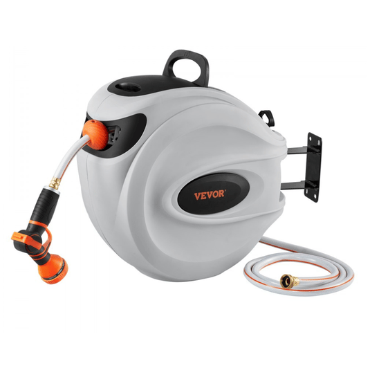 VEVOR retractable garden hose reel with wall mounting bracket, featuring an ergonomic handle, and an adjustable spray nozzle.