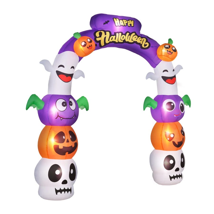 Inflatable Halloween archway featuring a \“Happy Halloween\“ sign with playful ghost, bat, pumpkin, and skeleton designs in vibrant colors.