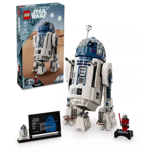 LEGO Star Wars set featuring R2-D2 with 1050 pieces, suitable for ages 10 and up. Includes a buildable display plaque and a small R2-D2 figure along with another minifigure in a red suit.