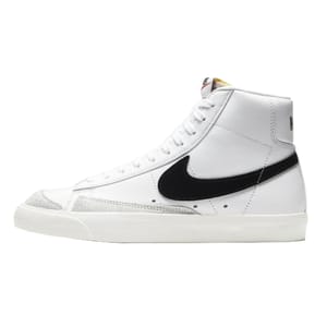 White high-top sneakers with a black Nike swoosh, featuring a leather upper and suede detailing at the toe. They have a classic, retro design with a padded collar and a rubber sole.