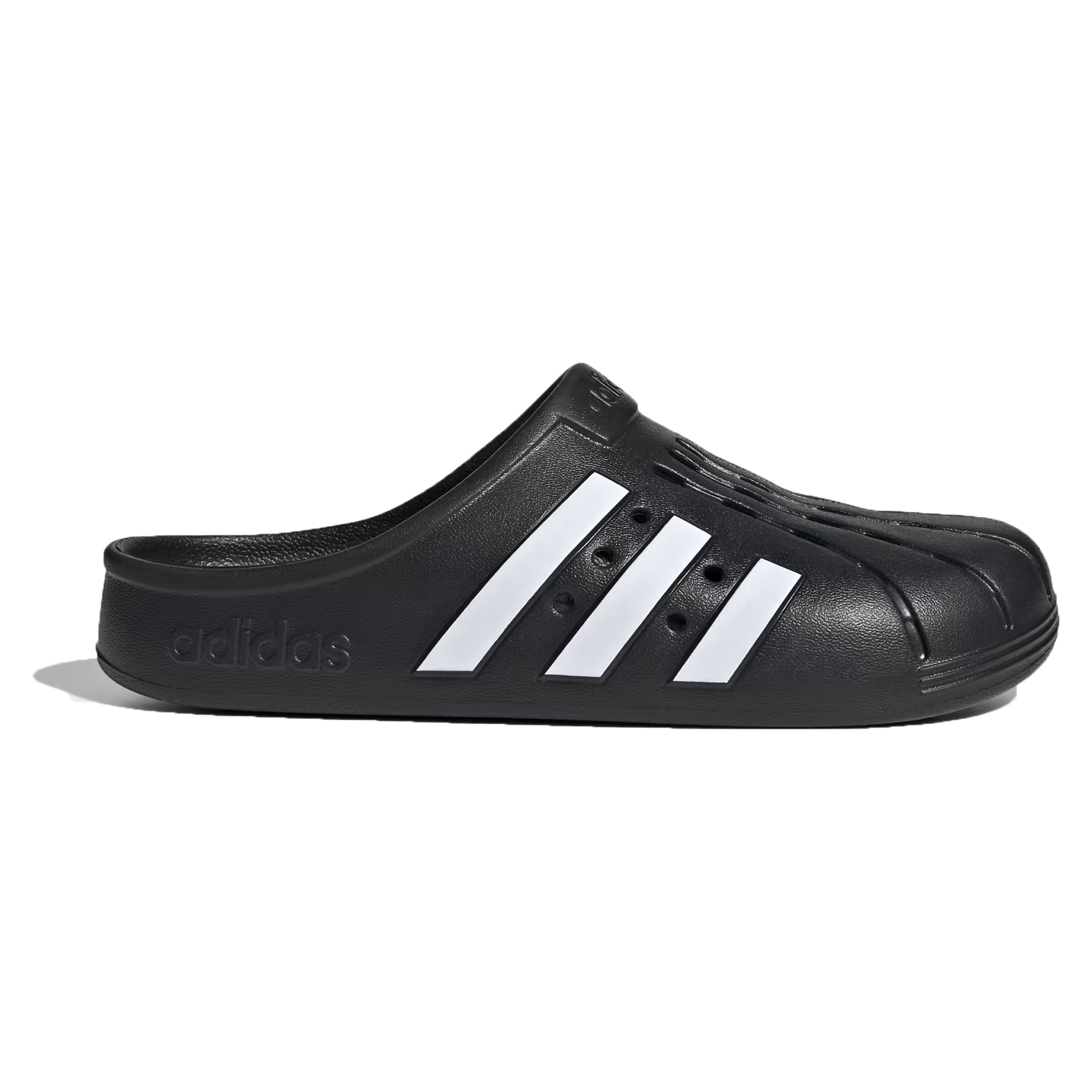Black Adidas slip-on clogs feature a shell toe design and three white stripes on the side.